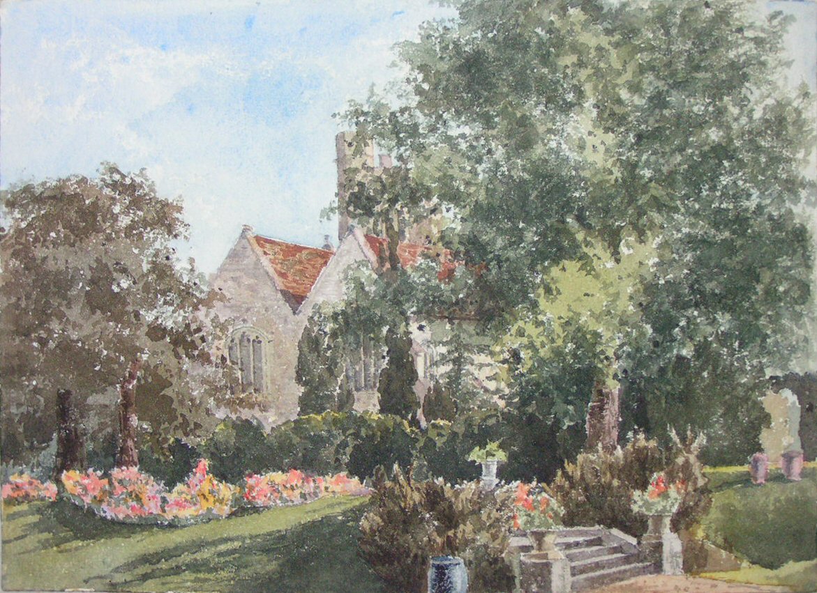 Watercolour - Church & Russell Chapel at Chenies, Bucks from Rectory Garden